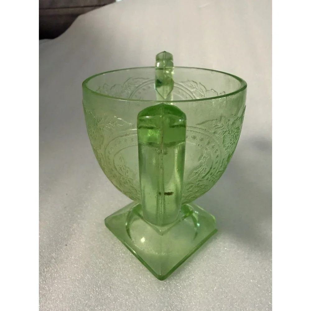 Hocking Cameo Ballerina Uranium Glass Open Sugar Bowl Green Depression 1930s